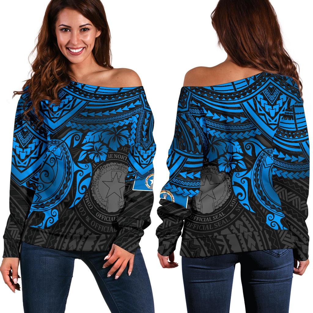 Northern Mariana Islands Polynesian Women's Off Shoulder Sweater - Blue Turtle BLUE - Polynesian Pride