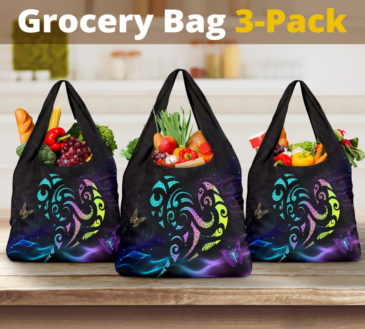 Light Maori Grocery Bag 3 - Pack Grocery Bag 3-Pack Black - Polynesian Pride