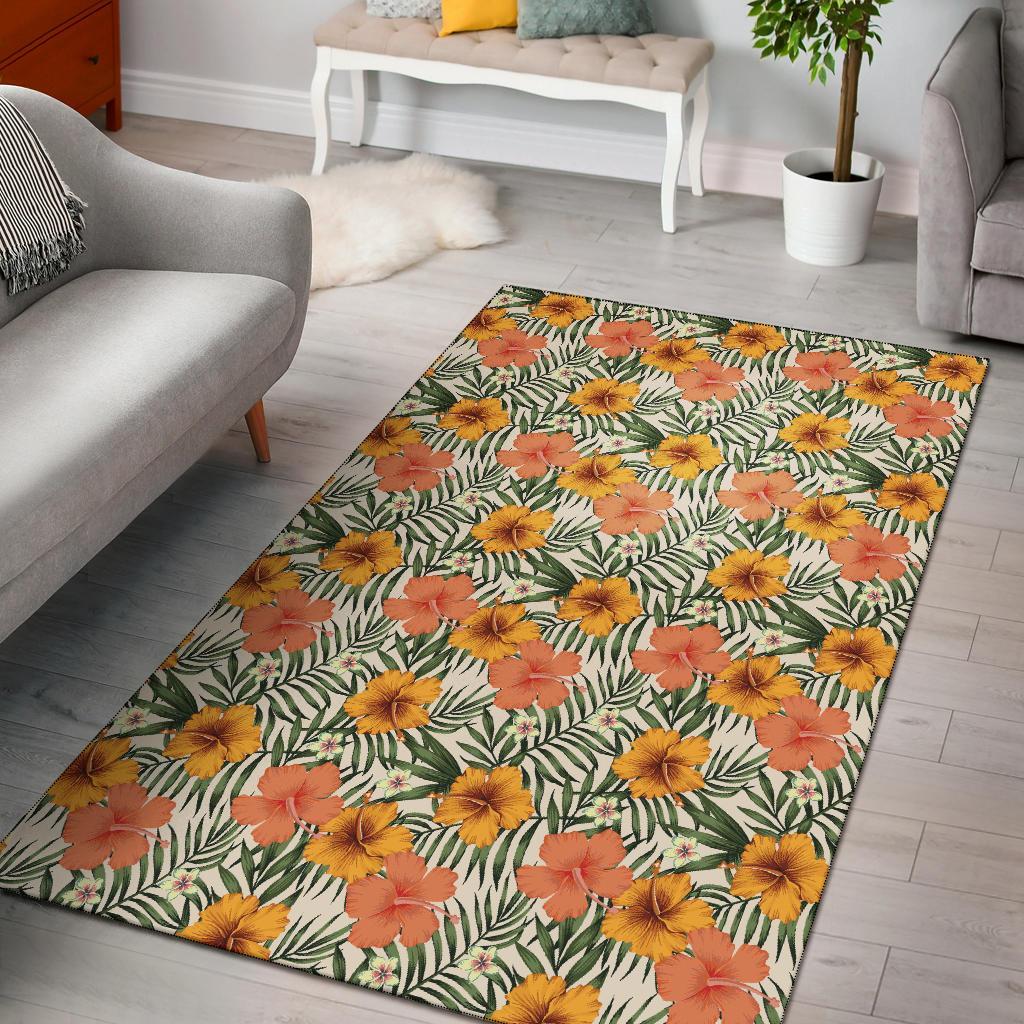 Tropical Flowers Hibiscus Pink Yellow Rug Yellow - Polynesian Pride