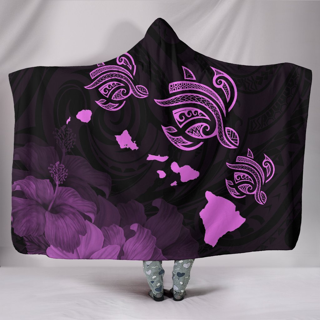 Hawaii Hibiscus Map Polynesian Ancient Pink Turtle Hooded Blanket Hooded Blanket Pink - Polynesian Pride