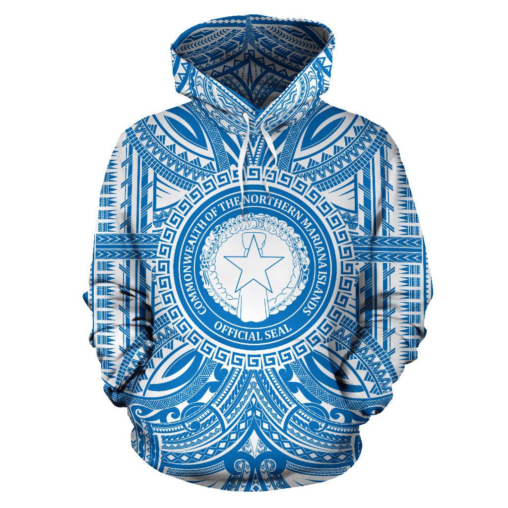 Northern Mariana Islands ll Over Hoodie Northern Mariana Islands Coat of rms Polynesian Flag Color Unisex Blue - Polynesian Pride