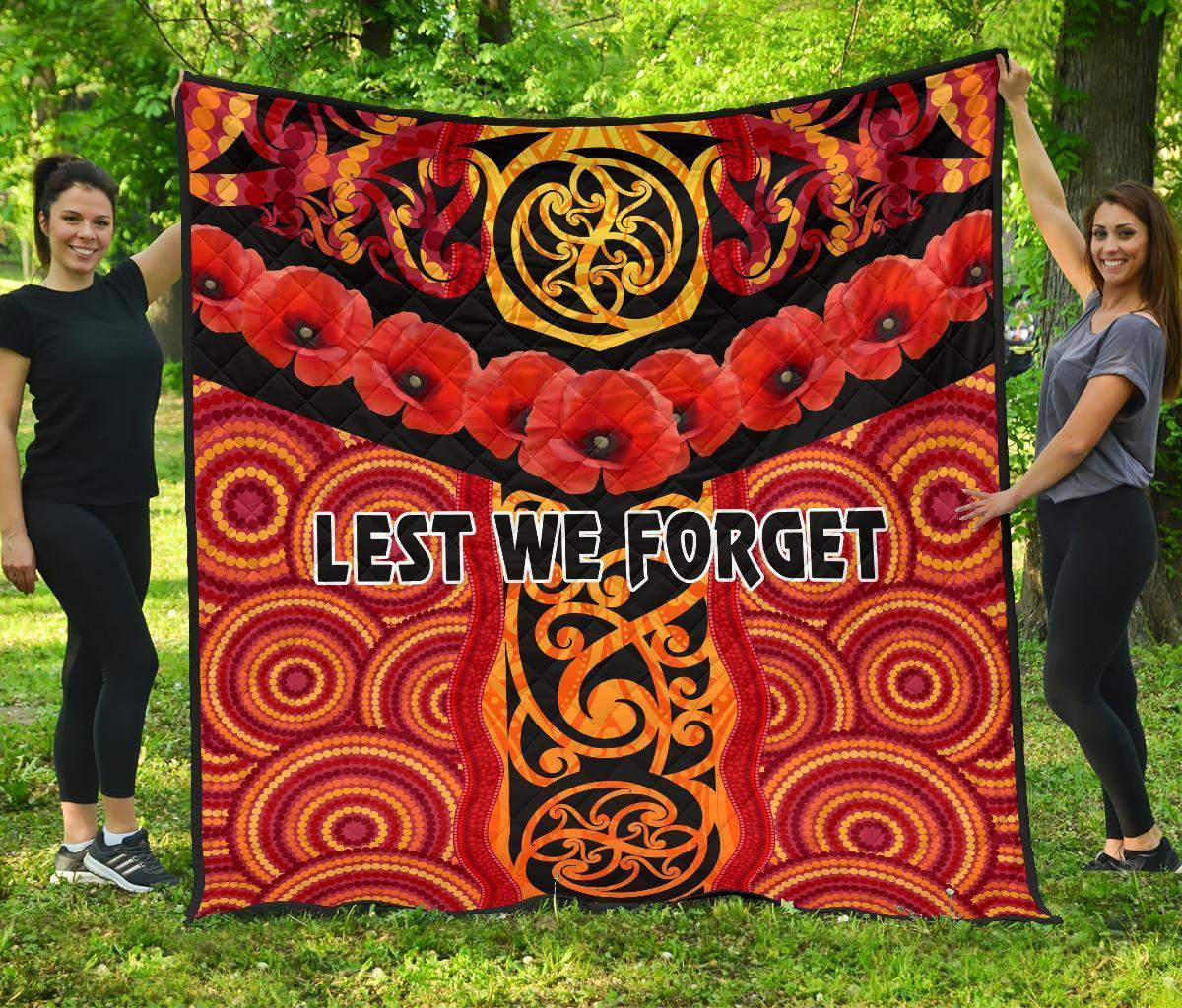 Anzac Lest We Forget Poppy Premium Quilt New Zealand Maori Silver Fern - Australia Aboriginal Red - Polynesian Pride