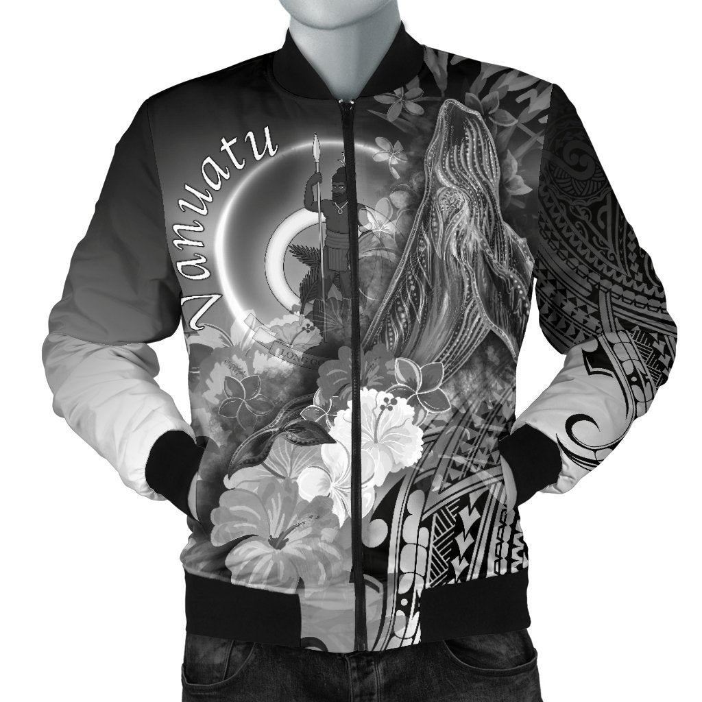 Vanuatu Men's Bomber Jacket - Humpback Whale with Tropical Flowers (White) White - Polynesian Pride