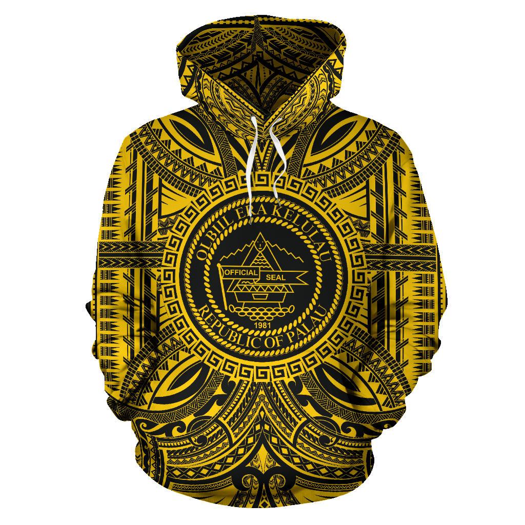 Palau ll Over Hoodie Palau Coat of rms Polynesian Gold Black Unisex Gold - Polynesian Pride