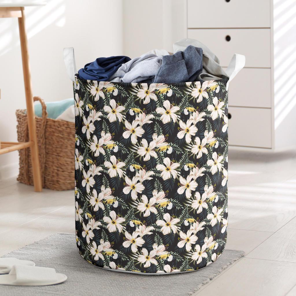 Tropical Toucans Hibiscus Palm Leaves Hawaii Laundry Basket Laundry Basket One Size Black - Polynesian Pride