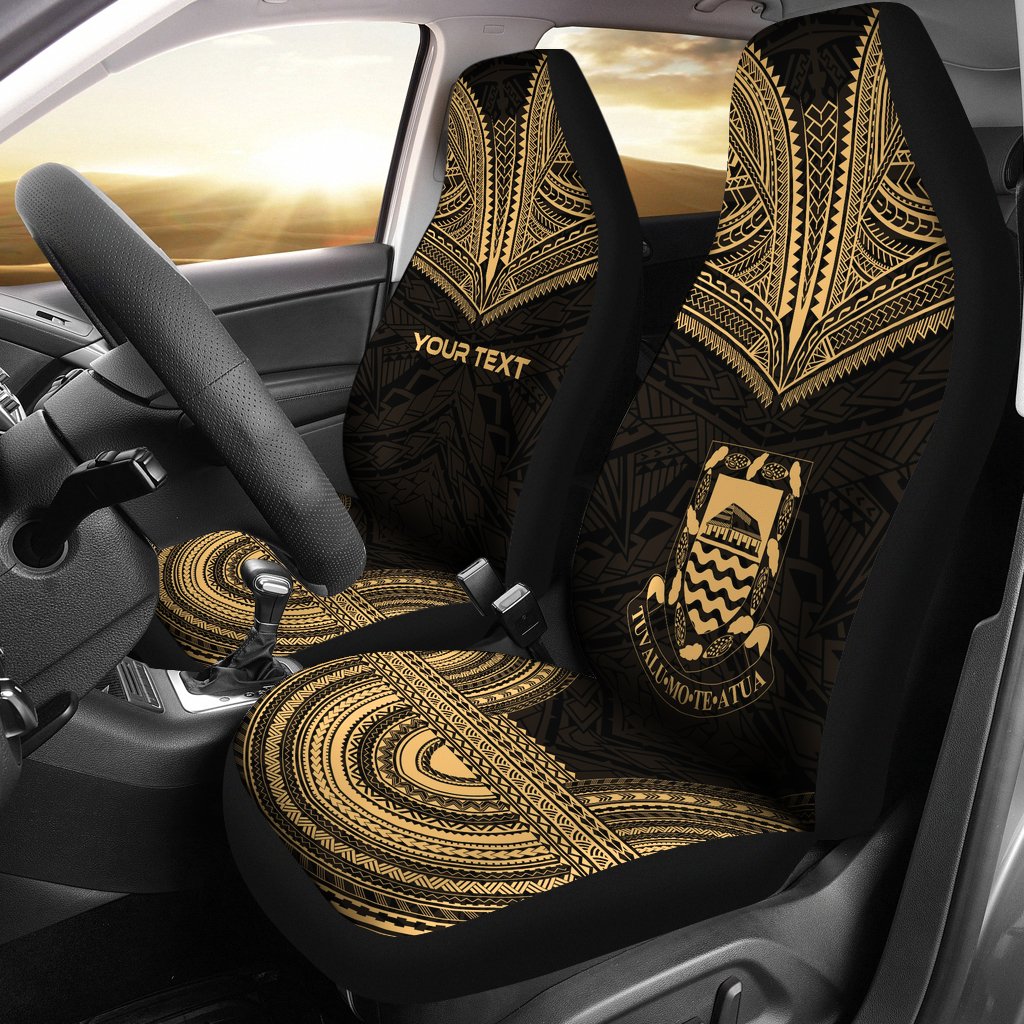 Tuvalu Custom Personalised Car Seat Cover - Tuvalu Coat Of Arms Polynesian Chief Tattoo Gold Version Universal Fit Gold - Polynesian Pride