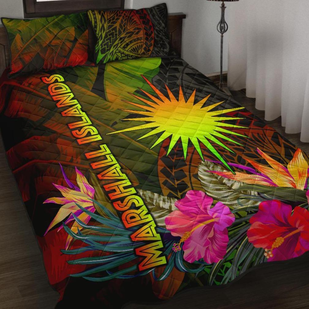 Marshall Islands Polynesian Quilt Bed Set - Hibiscus and Banana Leaves Art - Polynesian Pride