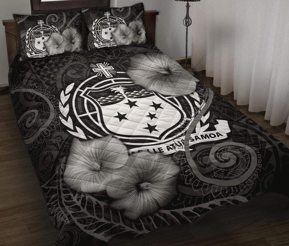 Samoa Polynesian Quilt Bed Set - Samoa Coat Of Arms & Black Hibiscus Black - Polynesian Pride