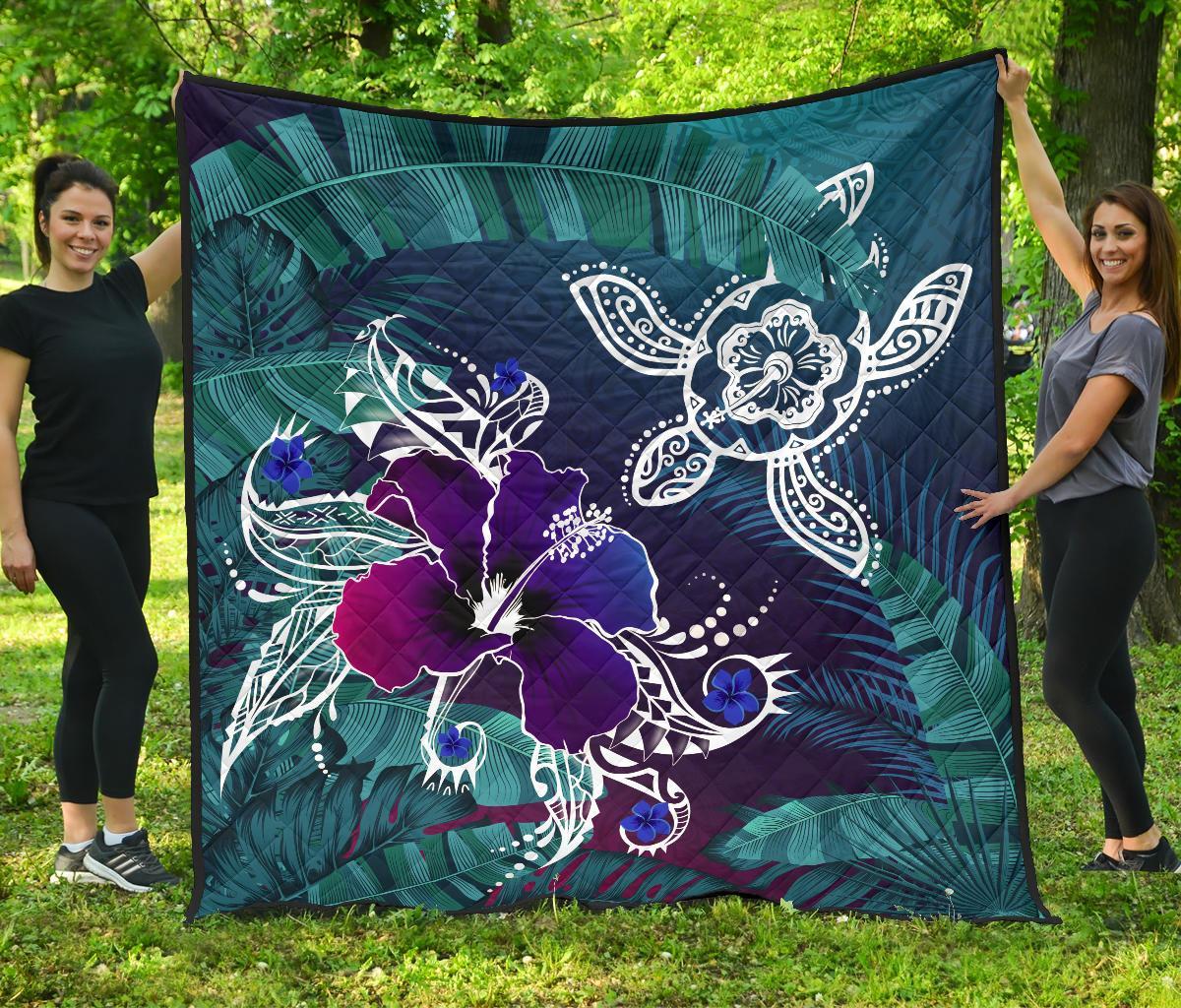 Hawaii Premium Quilt - Hawaii Turtle Flowers And Palms Retro Green - Polynesian Pride
