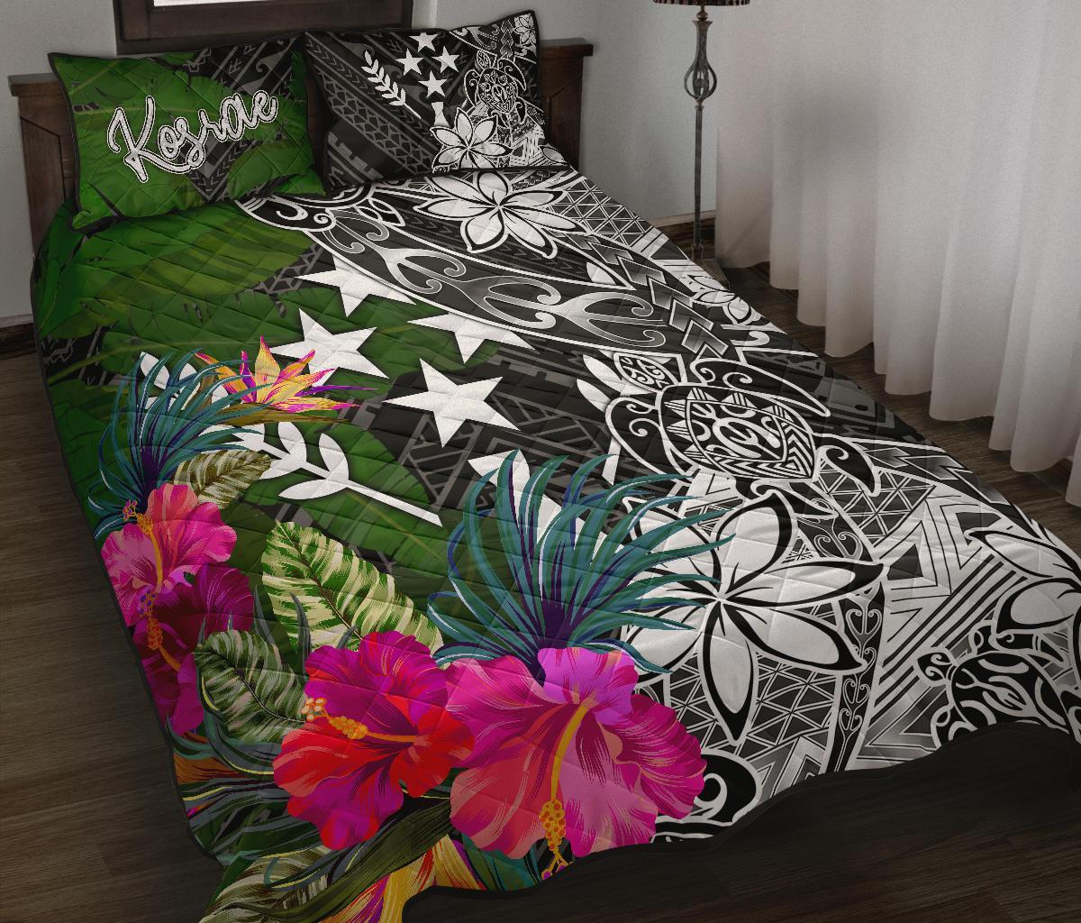 Kosrae Quilt Bed Set - Turtle Plumeria Banana Leaf Black - Polynesian Pride