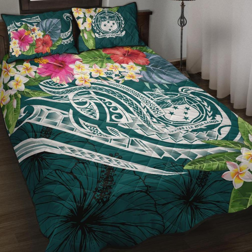 Samoa Polynesian Quilt Bed Set - Summer Plumeria Blue - Polynesian Pride