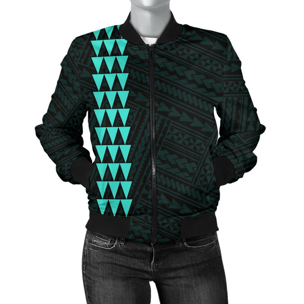 Hawaii Kakau Polynesian Three Turtles Map Women's Bomber Jacket - Turquoise Turquoise - Polynesian Pride