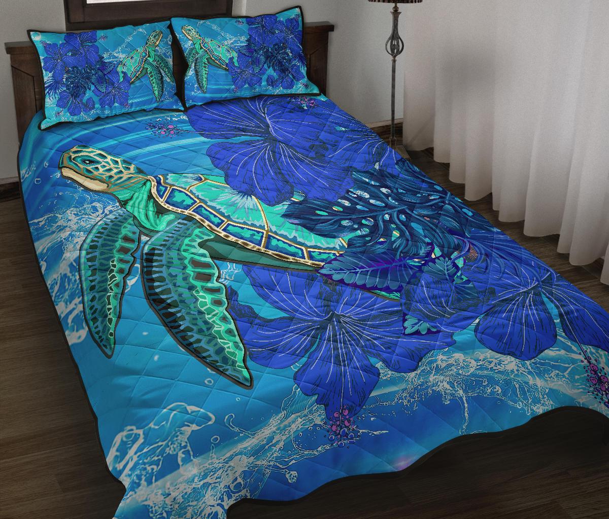 Hawaii Turtle Hibiscus Ocean Quilt Bed Set - Lingi Style - AH Blue - Polynesian Pride