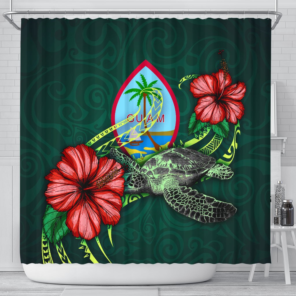 Guam Polynesian Shower Curtain - Green Turtle Hibiscus 177 x 172 (cm) Green - Polynesian Pride