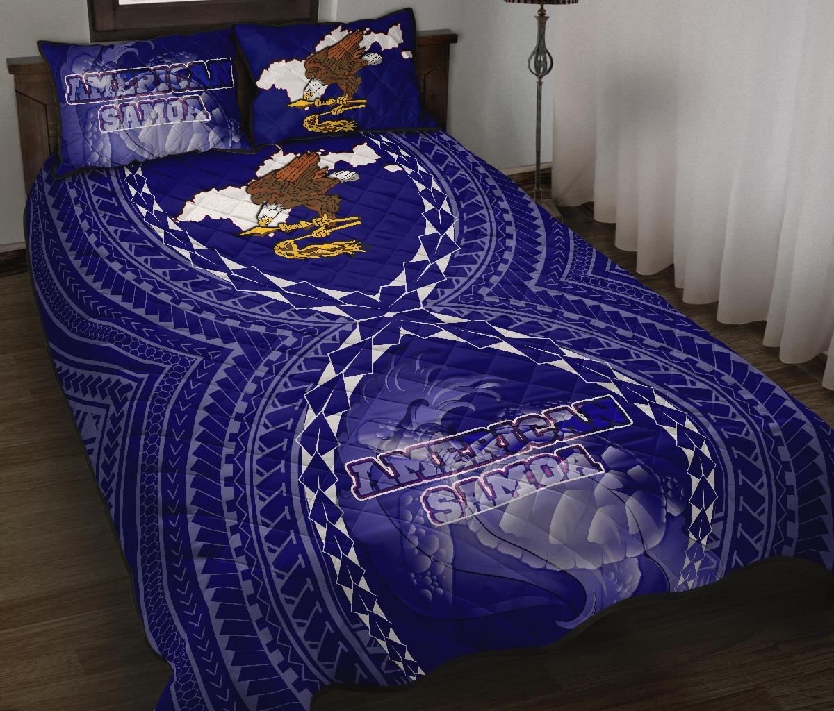 American Samoa Polynesian Quilt Bed Set - American Samoa Flag with Polynesian Tattoo Blue - Polynesian Pride