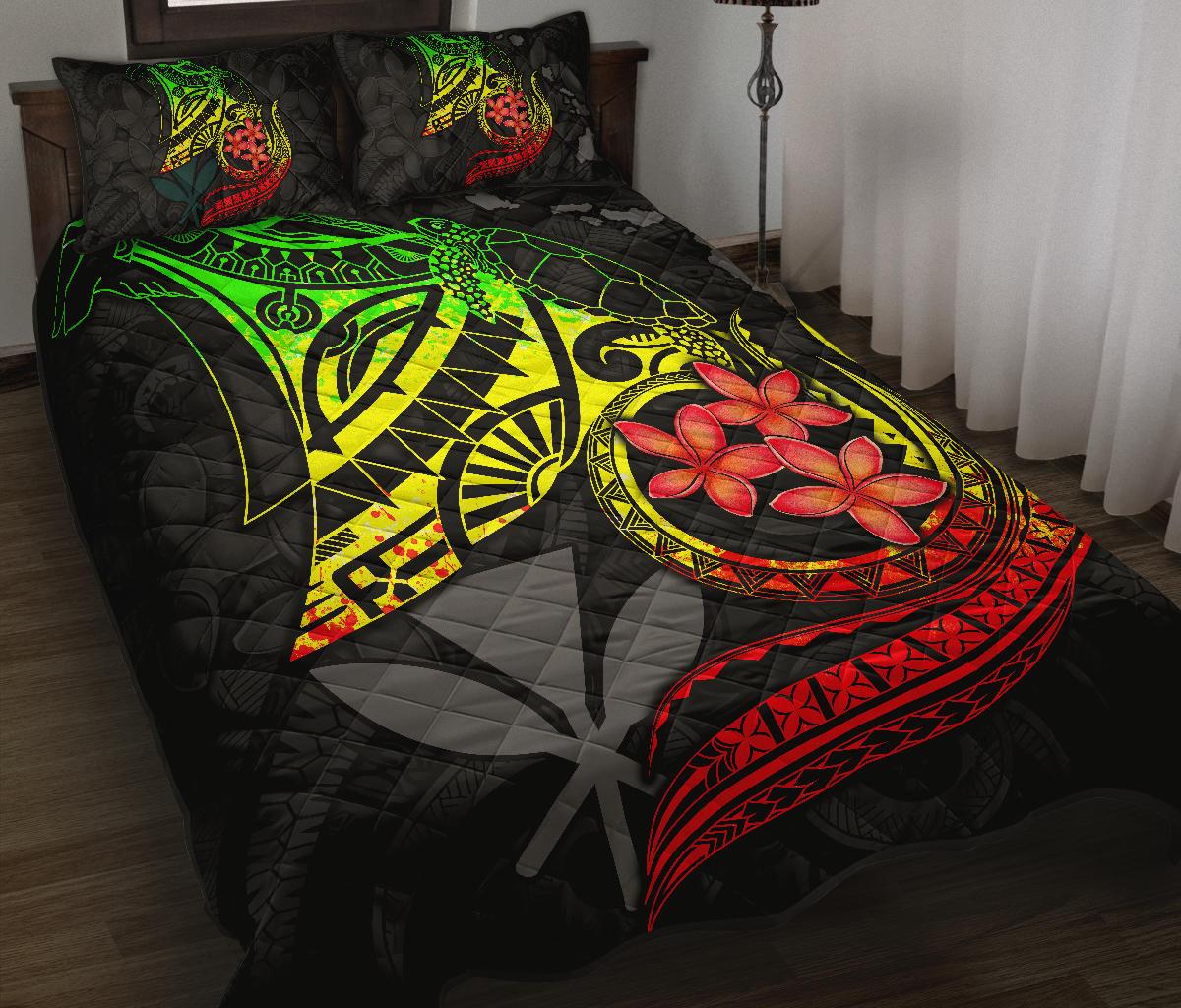 Hawaiian Polynesian Quilt Bed Set - Kanaka Maoli & Reggae Manta Ray Turtle Tentacle Art - Polynesian Pride