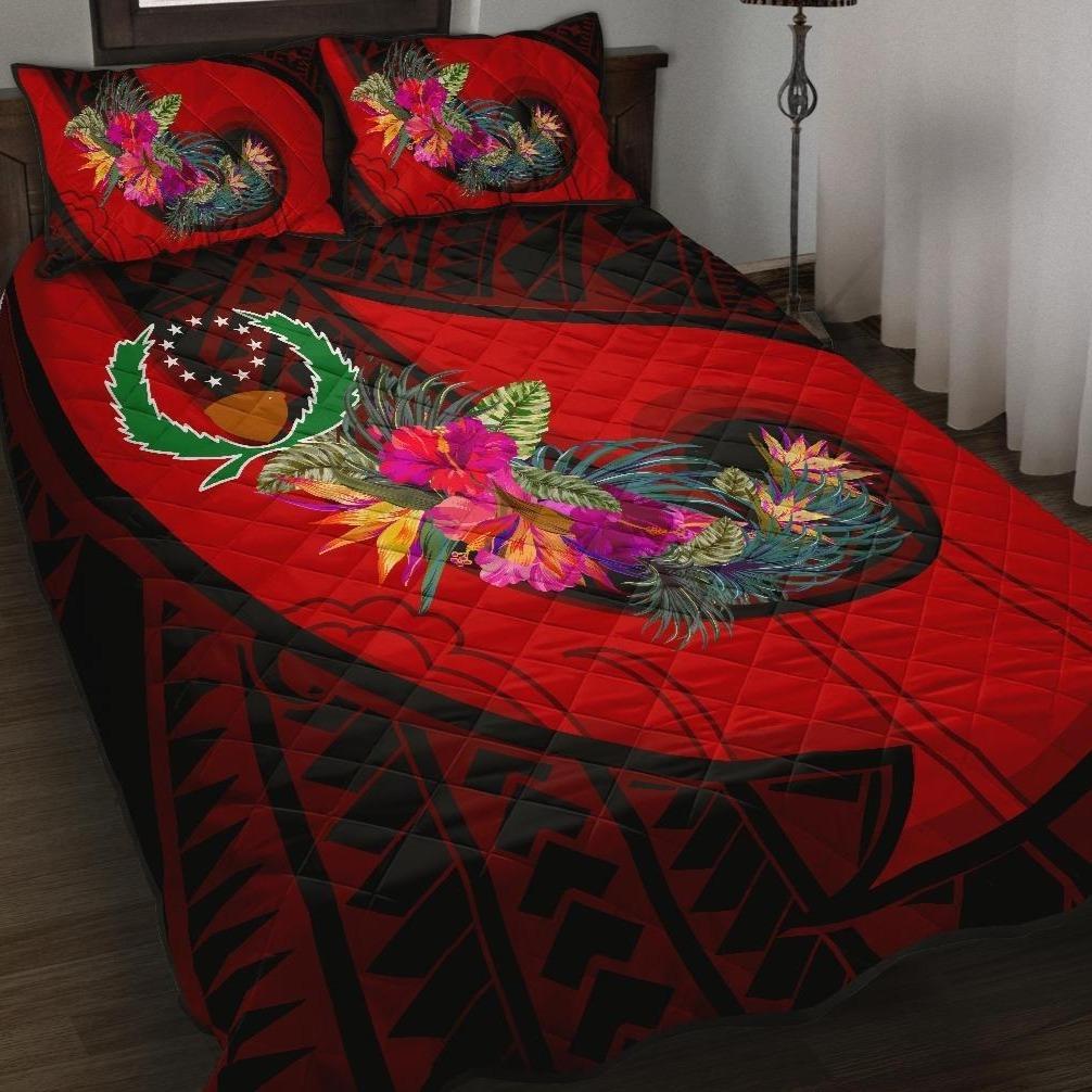 Pohnpei Quilt Bed Set - Polynesian Hook And Hibiscus (Red) - Polynesian Pride