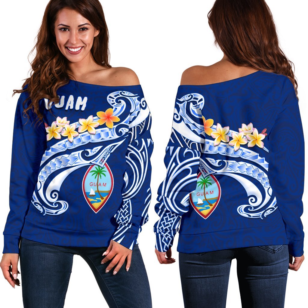Guam Women's Off Shoulder Sweater - Guam Seal Polynesian Patterns Plumeria (Blue) - Polynesian Pride