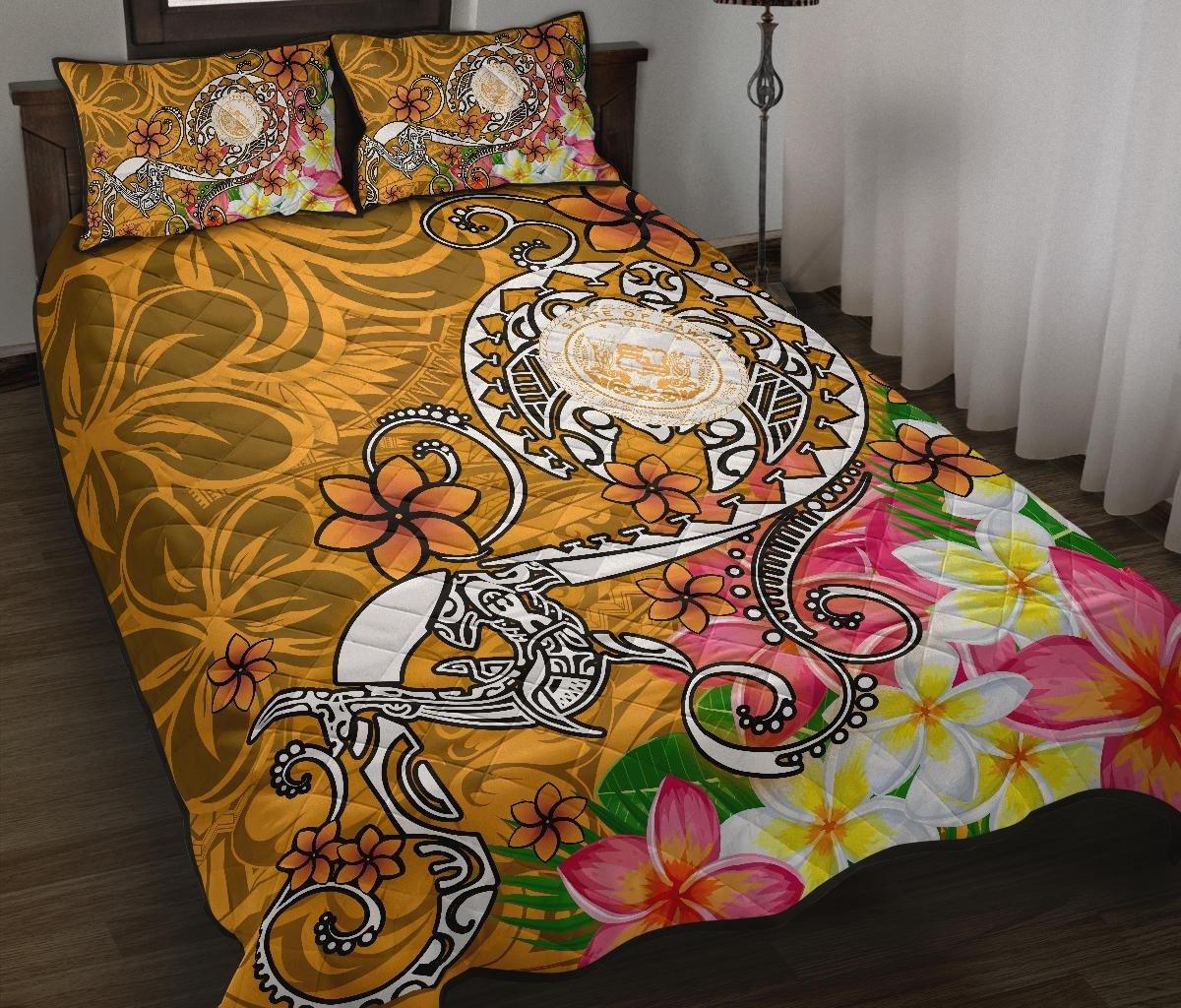 Hawaii Polynesian Quilt Bed Set - Hawaii Seal With Turtle Plumeria (Gold) Gold - Polynesian Pride