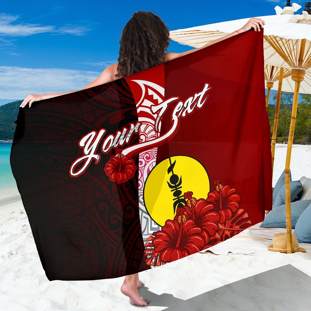 New Caledonia Polynesian Custom Personalised Sarong - Coat Of Arm With Hibiscus One Style One Size Red - Polynesian Pride