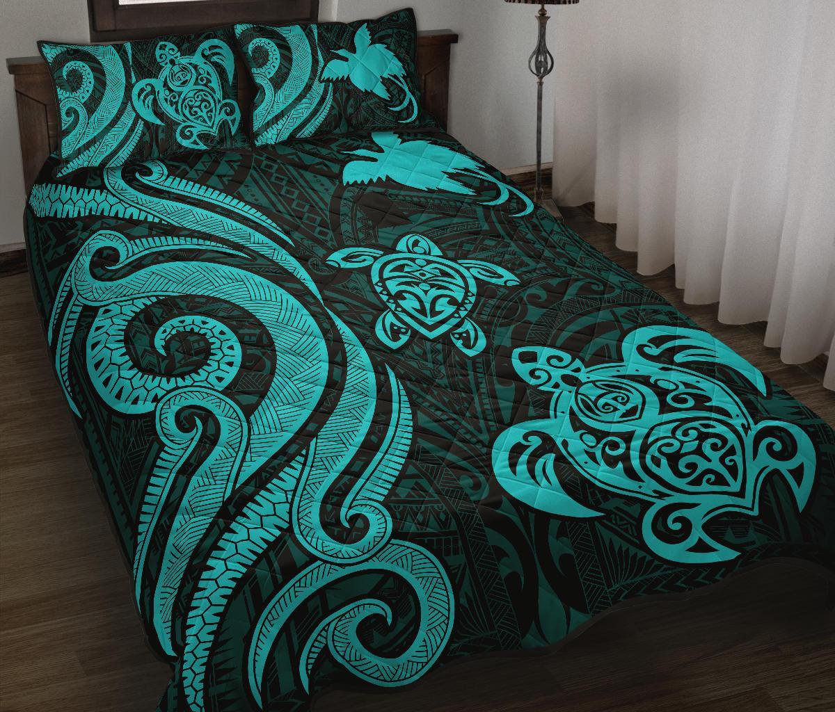 Papua New Guinea Quilt Bed Set - Turquoise Tentacle Turtle Turquoise - Polynesian Pride