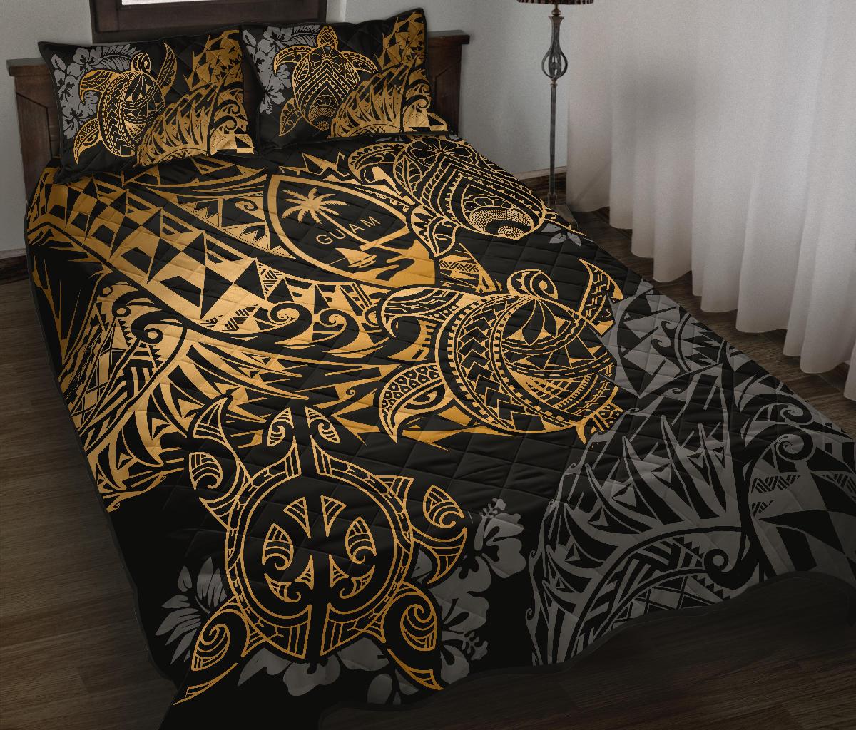 Guam Polynesian Quilt Bed Set - Gold Turtle Flowing Gold - Polynesian Pride