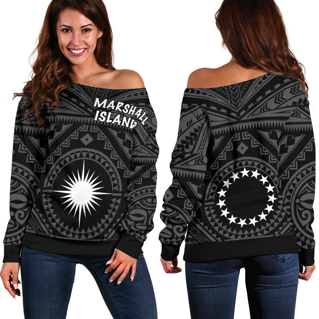 Marshall Women's Off Shoulder Sweater - Marshall Seal With Polynesian Tattoo Style ( Black) - Polynesian Pride