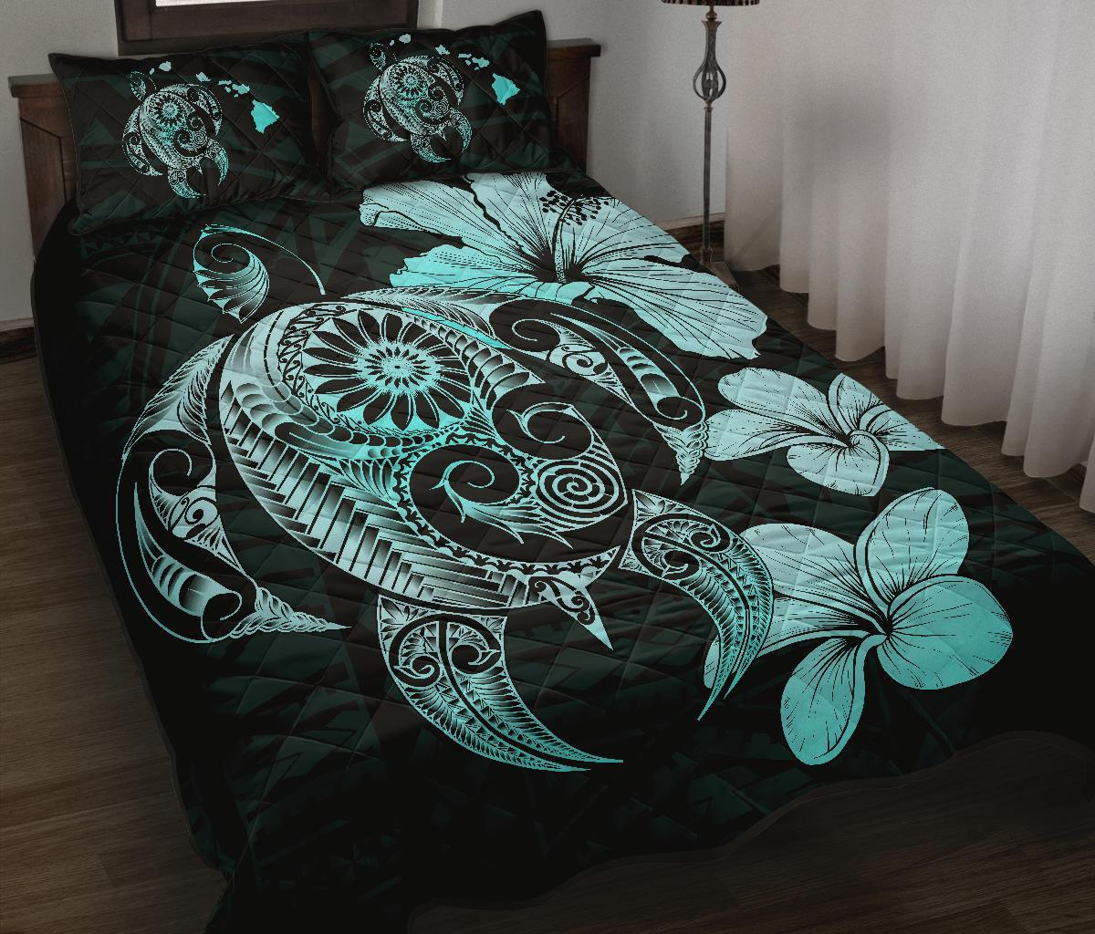 Hibiscus Plumeria Mix Polynesian Turquoise Turtle Quilt Bed Set Turquoise - Polynesian Pride