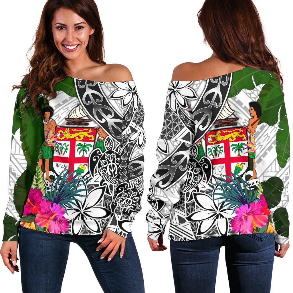 Fiji Women's Off Shoulder Sweater White - Turtle Plumeria Banana Leaf Crest White - Polynesian Pride