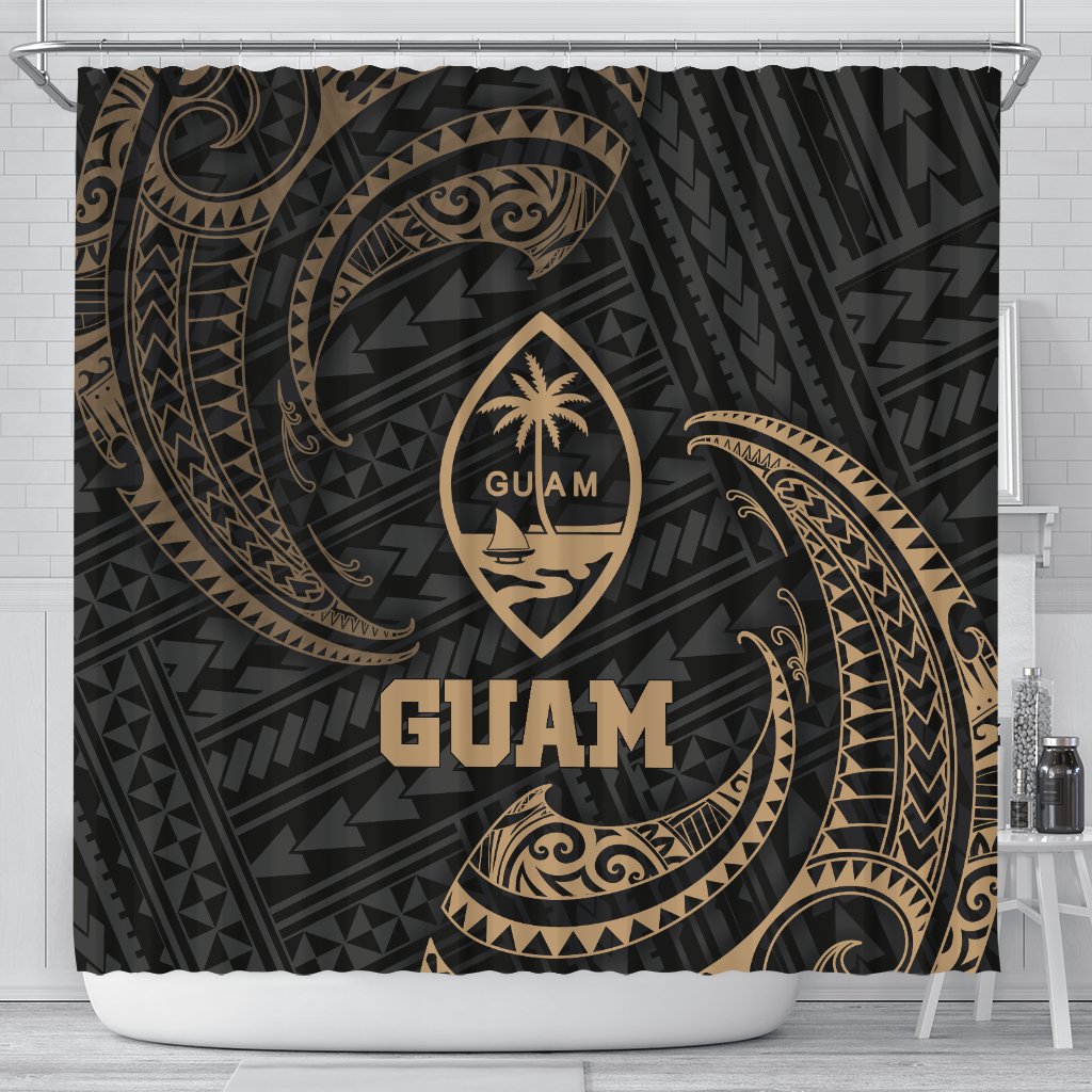 Guam Polynesian Shower Curtain - Gold Tribal Wave 177 x 172 (cm) Black - Polynesian Pride