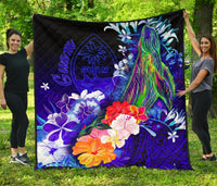 Guam Premium Quilt - Humpback Whale with Tropical Flowers (Blue) - Polynesian Pride