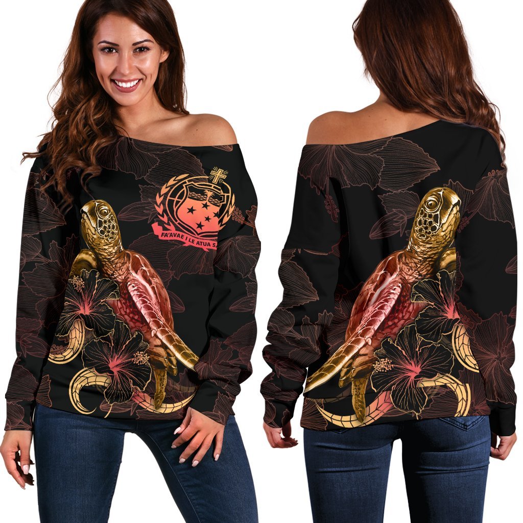 Samoa Polynesian Women's Off Shoulder Sweater - Turtle With Blooming Hibiscus Gold Gold - Polynesian Pride