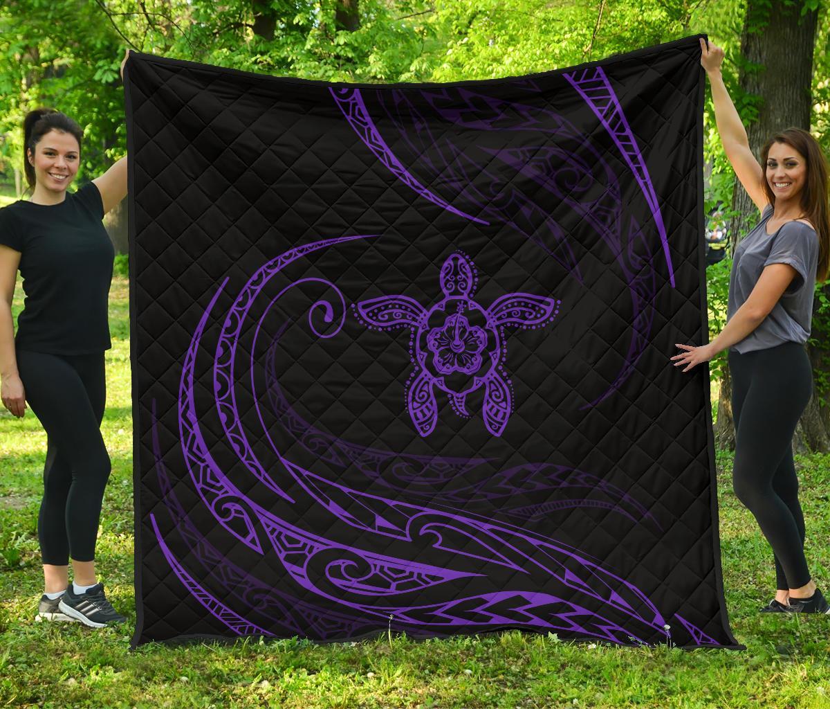 Hawaii Turtle Hibicus Premium Quilt - Frida Style - Purple Purple - Polynesian Pride