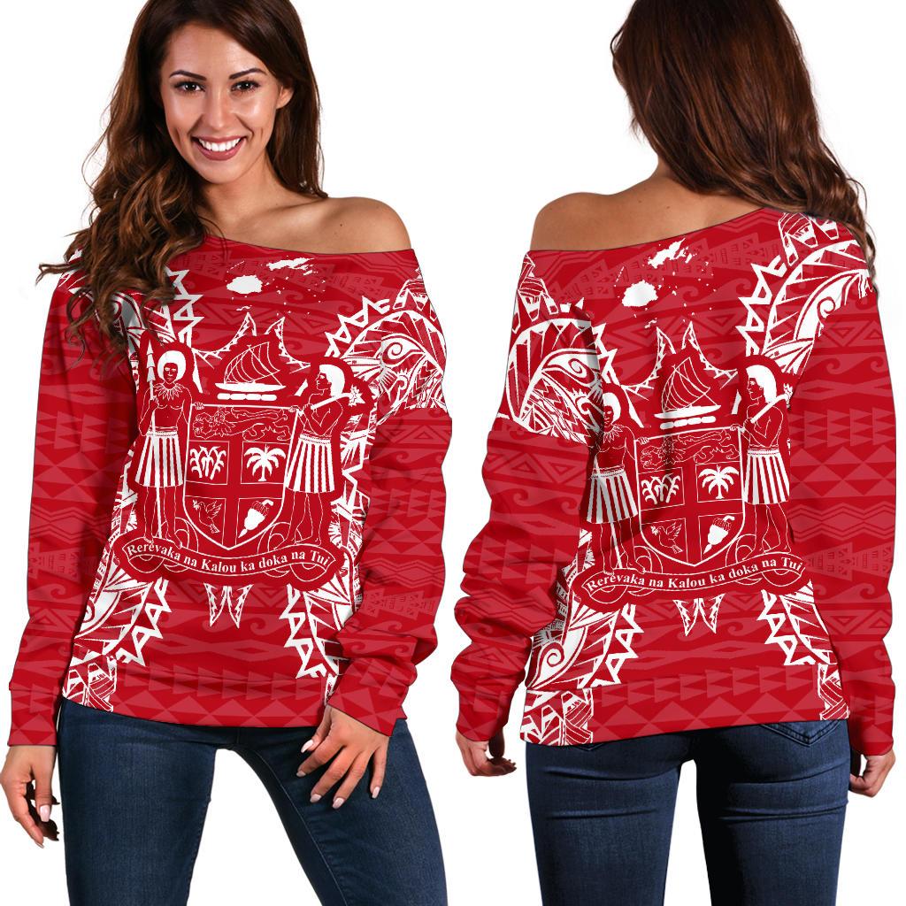 Fiji Polynesian Shoulder Sweater Map Red White Red - Polynesian Pride