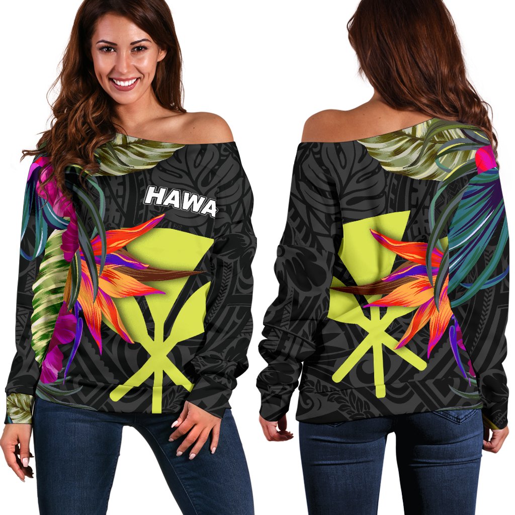 Hawaii Shoulder Sweater - Hibiscus Polynesian Pattern Black - Polynesian Pride