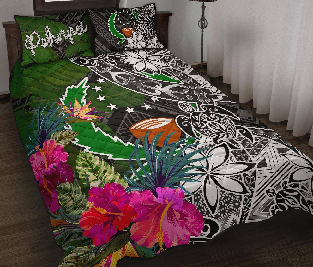 Pohnpei Quilt Bed Set - Turtle Plumeria Banana Leaf Black - Polynesian Pride