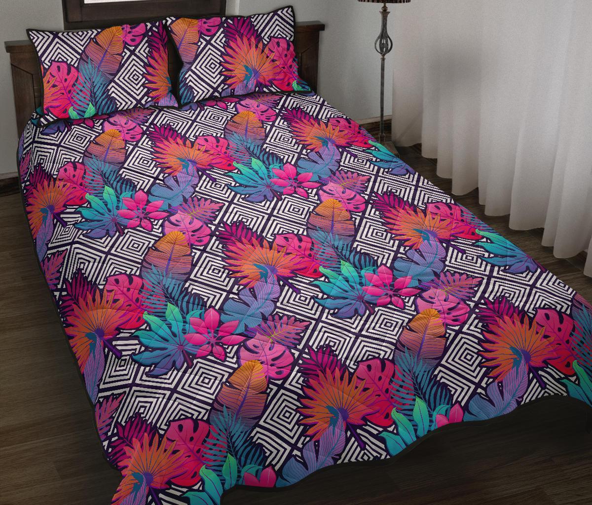 Hawaii Quilt Bed Set Tropical Exotic Leaves And Flowers On Geometrical Ornament. AH Black - Polynesian Pride