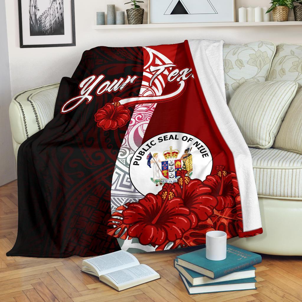 Niue Polynesian Custom Personalised Premium Blanket - Coat Of Arm With Hibiscus White - Polynesian Pride