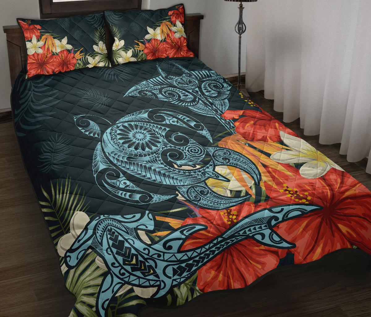 Hawaii Turtle Shark Manta Ray Hibiscus Plumeria Quilt Bed Set - Polynesian Pride