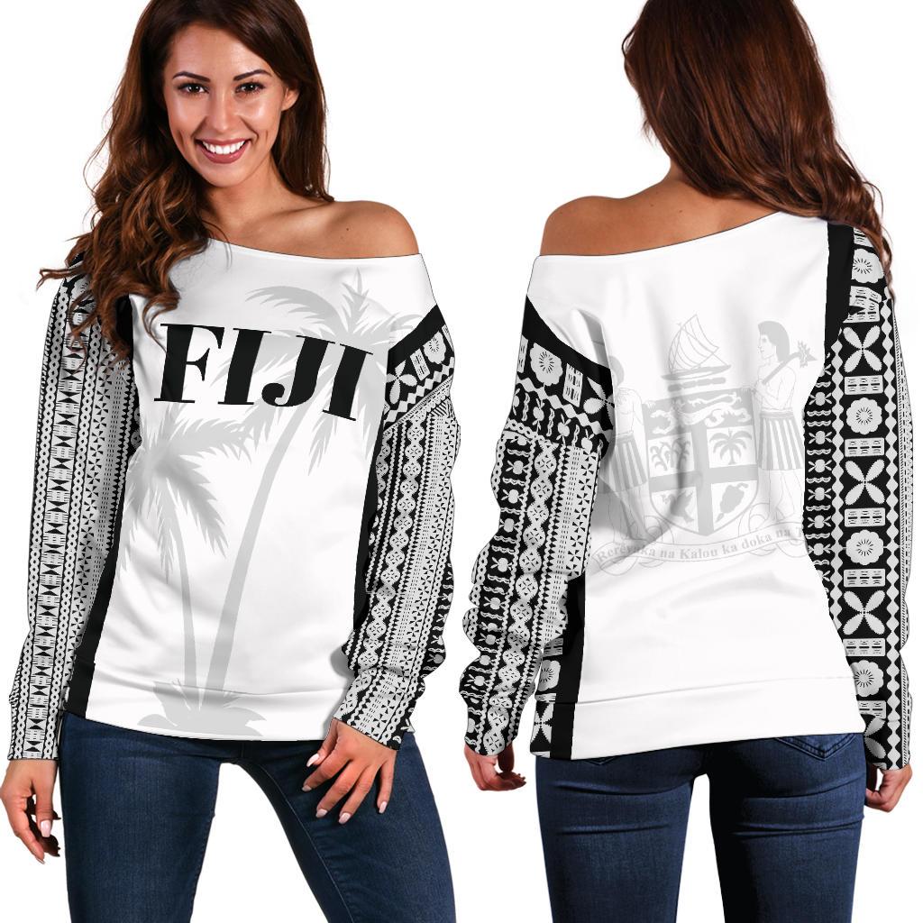 Fiji Tapa Women's Off Shoulder Sweater Coconut Tree Coat Of Arms Th5 Black - Polynesian Pride