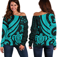 Fiji Polynesian Women Of Shoulder Sweater - Turquoise Tentacle Turtle Crest Turquoise - Polynesian Pride