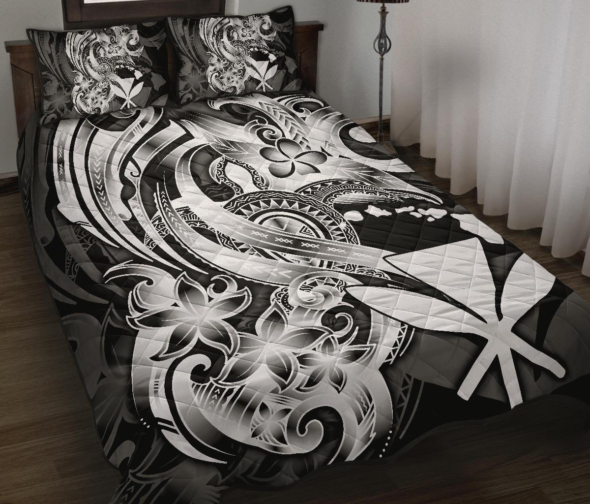 Hawaii Polynesian Quilt Bed Set - White Kanaka Maoli Tentacle Plumeria Art - Polynesian Pride