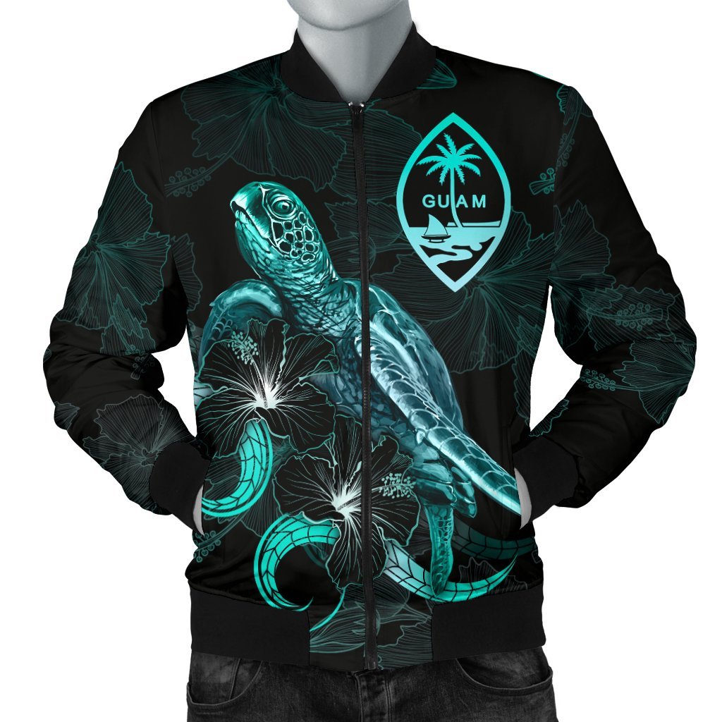 Guam Polynesian Men's Bomber Jacket - Turtle With Blooming Hibiscus Turquoise Turquoise - Polynesian Pride