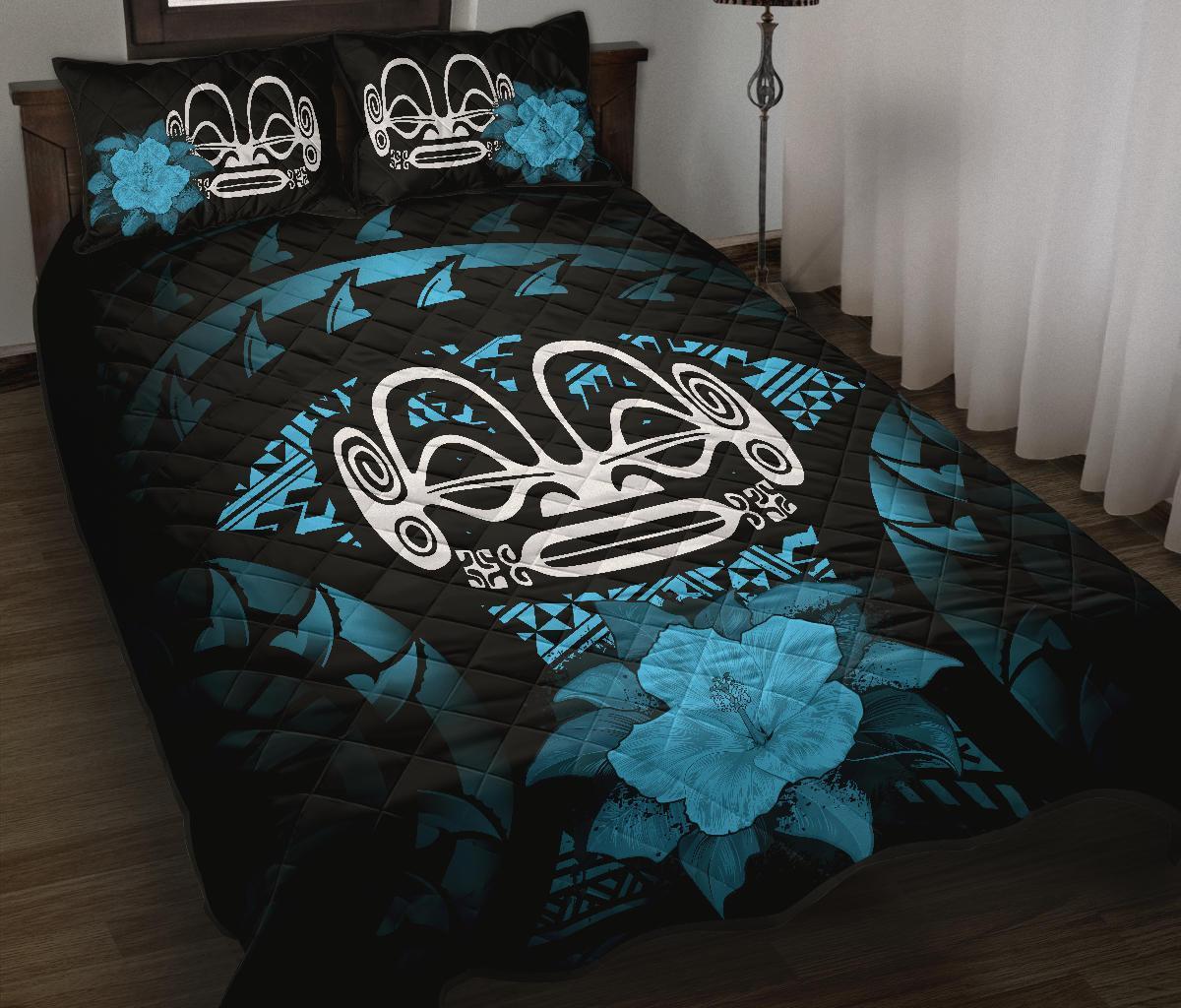 Marquesas Islands Polynesian Quilt Bed Set Hibiscus Blue Black - Polynesian Pride