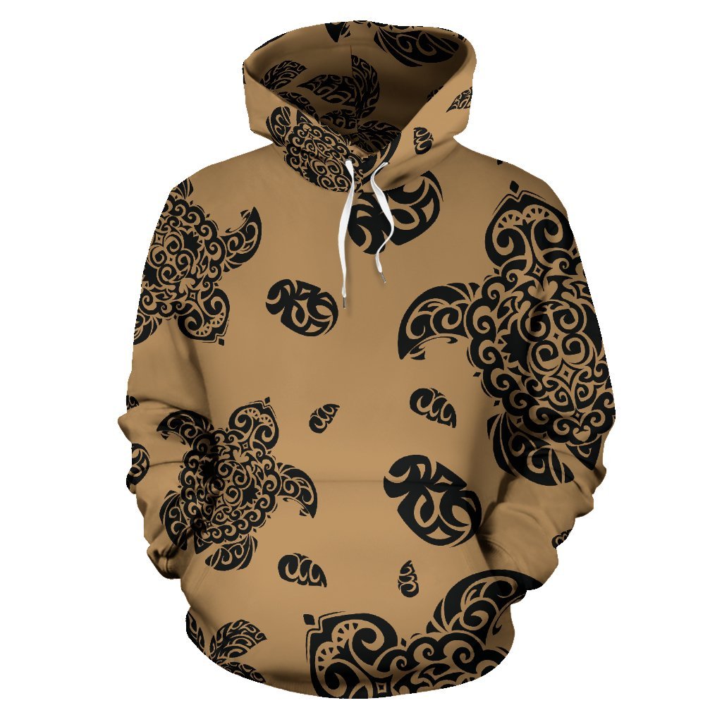 Hawaii Hoodie Polynesian Turtle Palm and Sea Pebbles Gold Pullover Unisex Art - Polynesian Pride