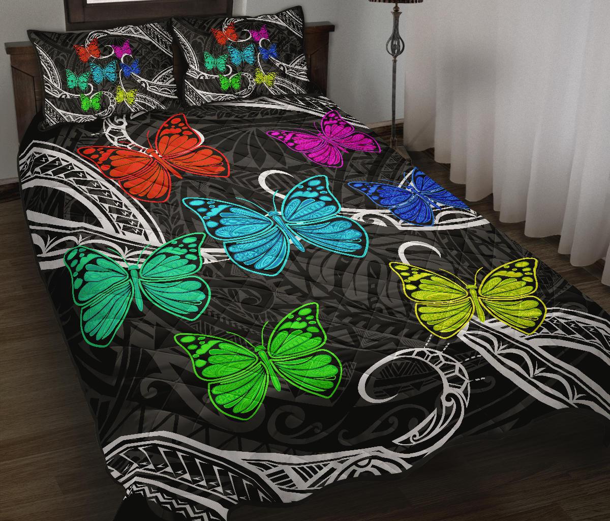 Hawaii Polynesian Butterflies Quilt Bed Set Black - Polynesian Pride