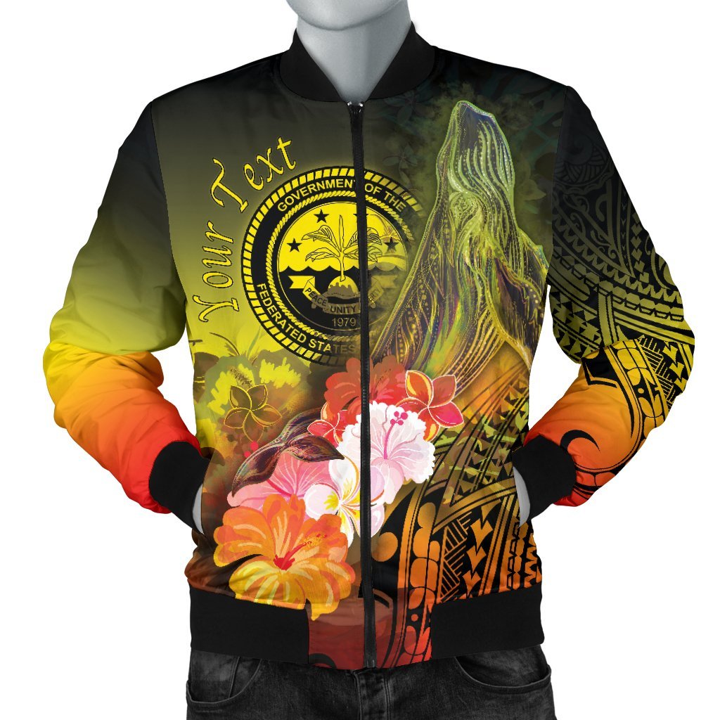 Federated States of Micronesia Custom Personalised Men's Bomber Jackets - Humpback Whale with Tropical Flowers (Yellow) Yellow - Polynesian Pride