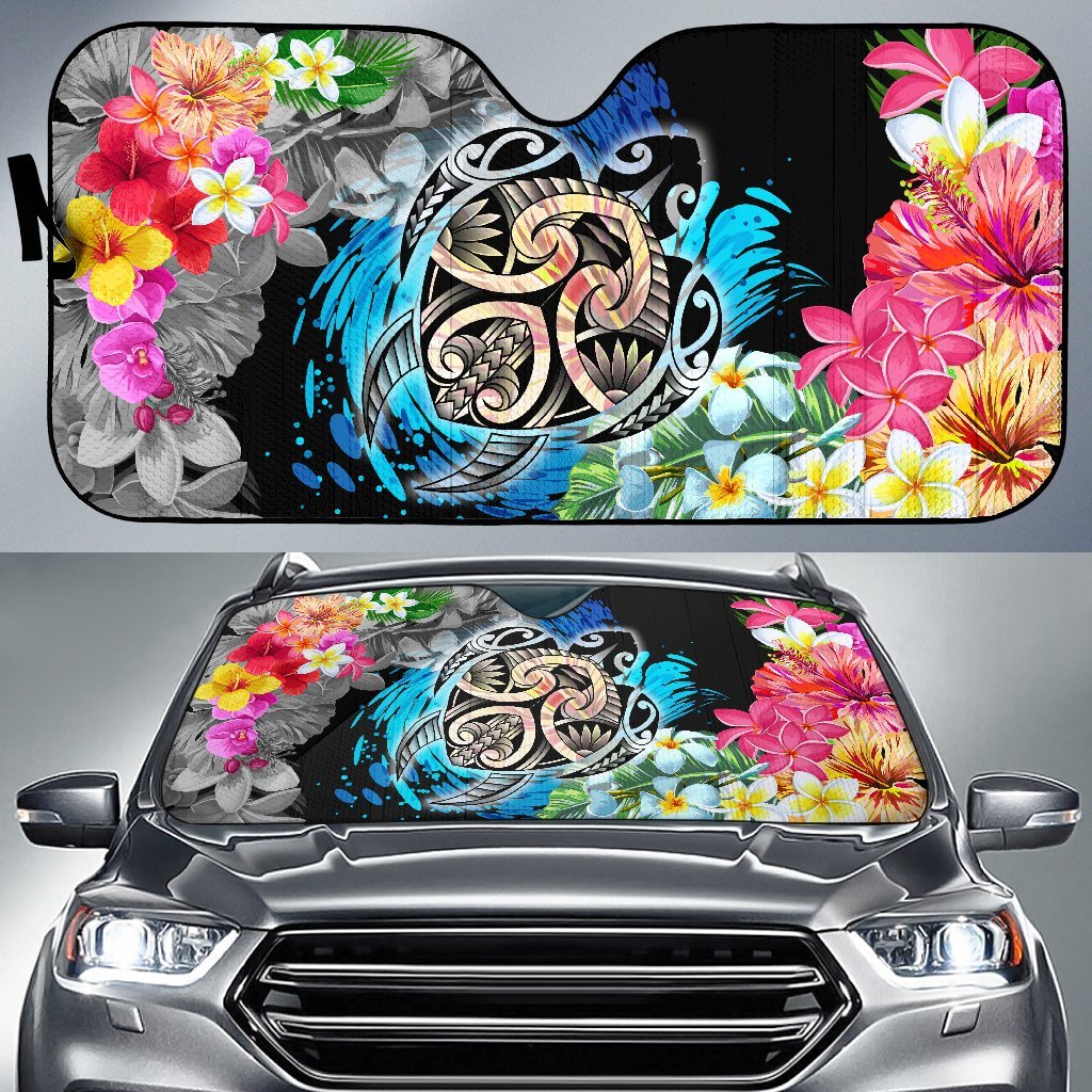 Hawaii Hibiscus Plumeria Waves Turtle Car Sun Shade Auto Sun Shade Universal Fit Blue - Polynesian Pride