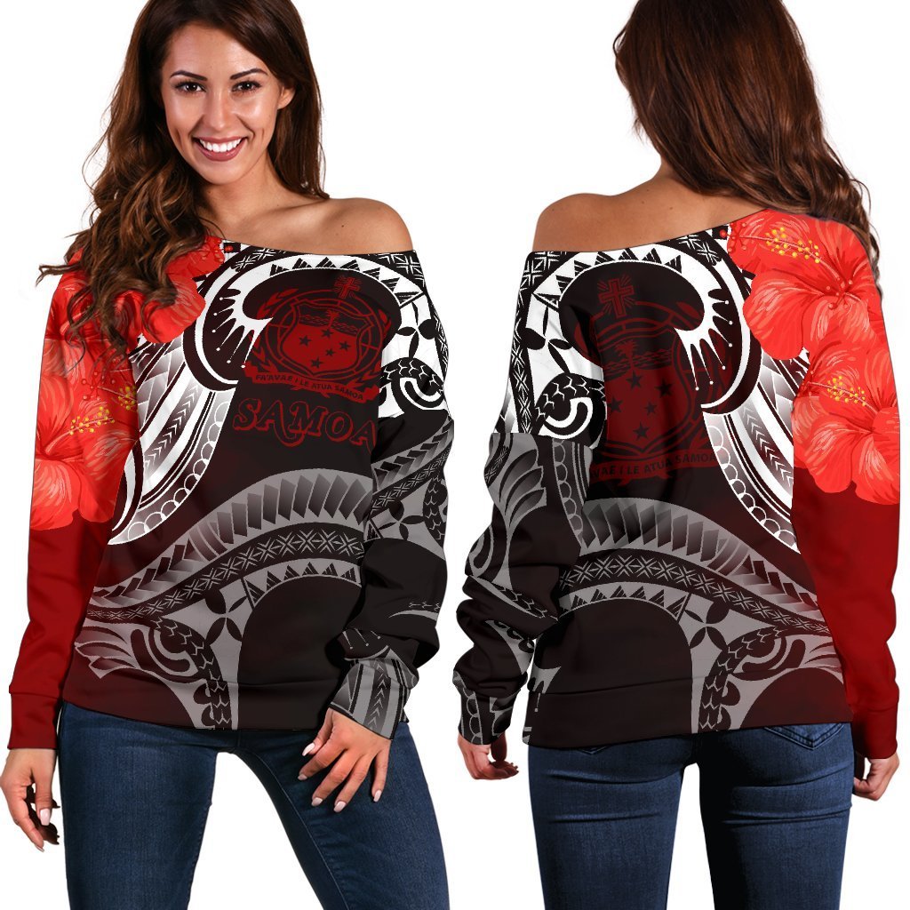 Samoa Women's Off Shoulder Sweater - Samoa Seal Wave Style (Red) Red - Polynesian Pride