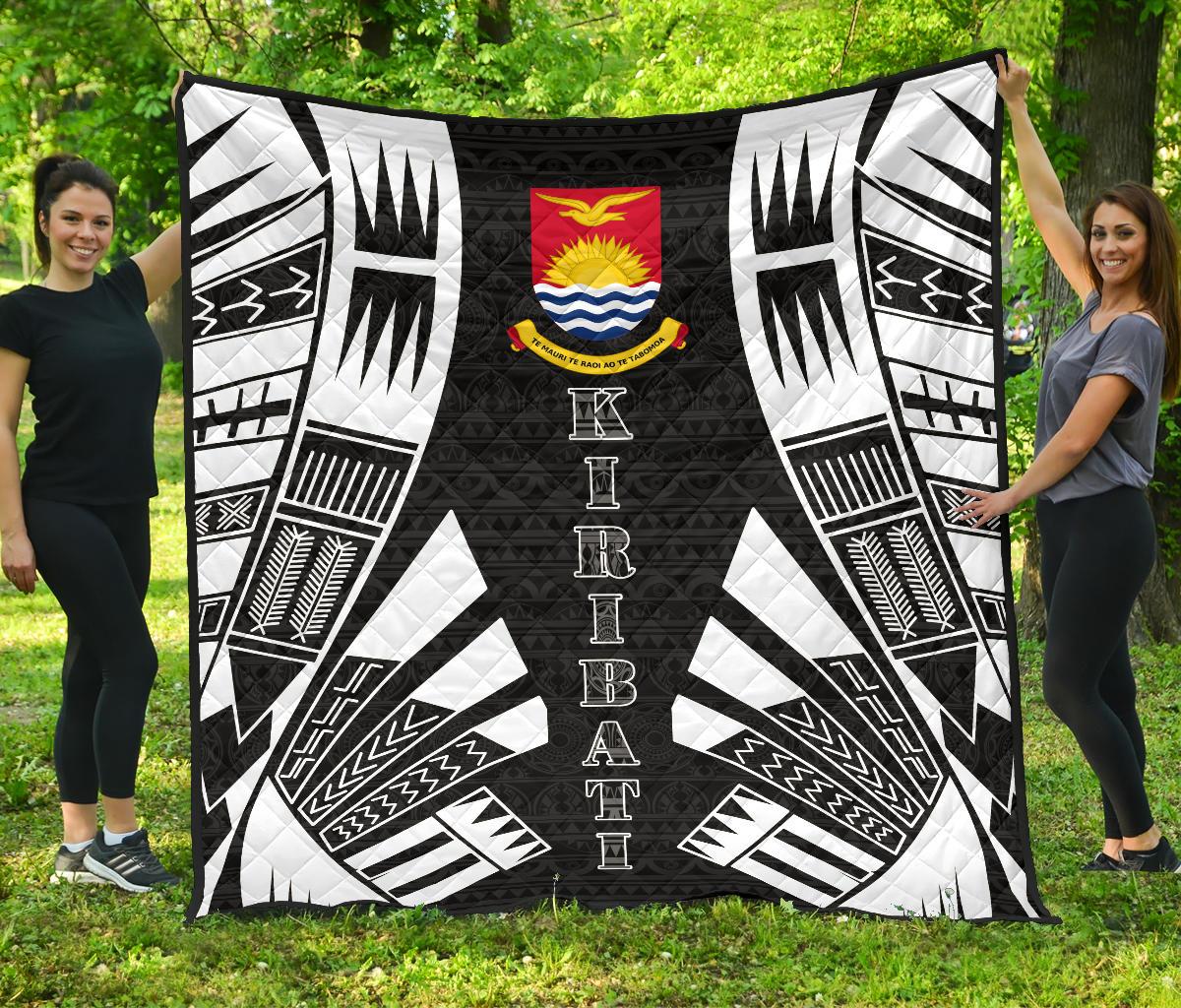 Kiribati Premium Quilt - Kiribati Coat Of Arms Polynesian White Tattoo Black - Polynesian Pride